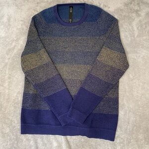 Lululemon Textured Knit Sweater Mens XL Blue Gold Striped Merino Wool Pullover